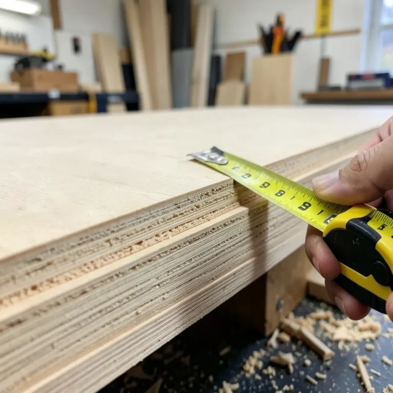 Tape measure against the edge of stacked plywood sheets