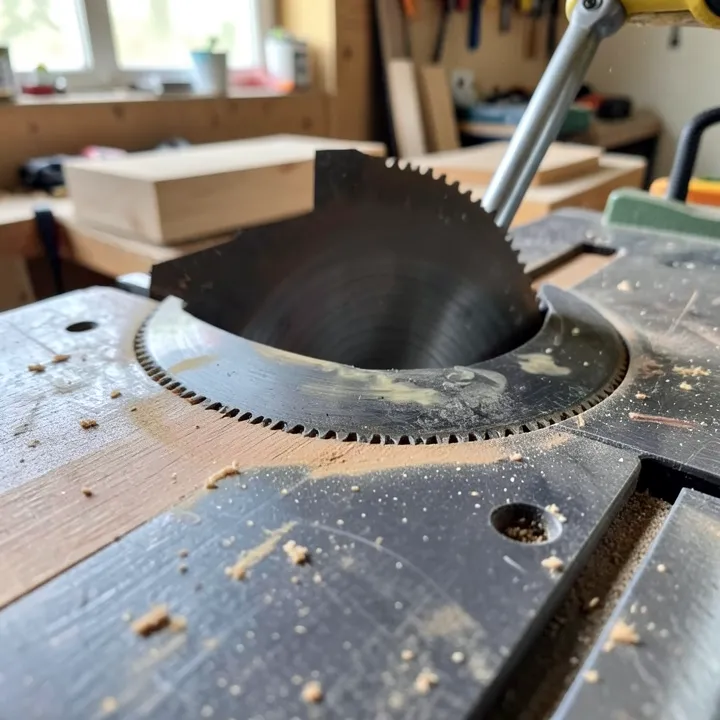 Close-up of a table saw blade with light surface corrosion on the table top