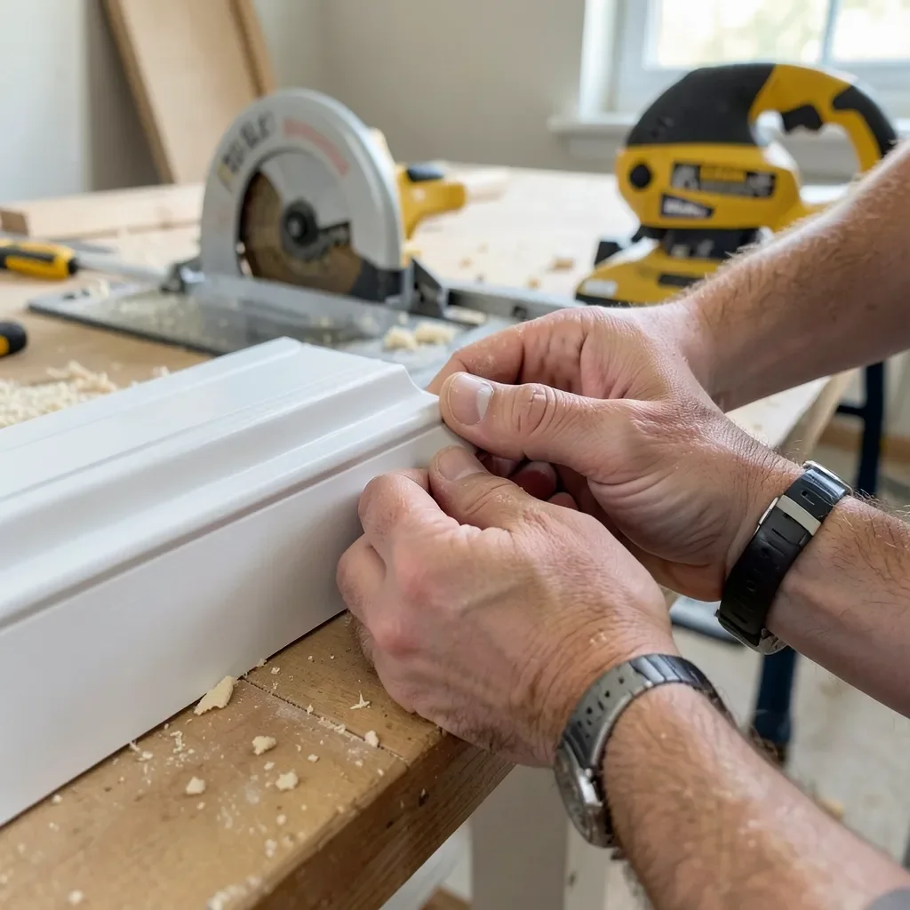 Carpenter fitting two baseboard pieces together at an inside corner joint