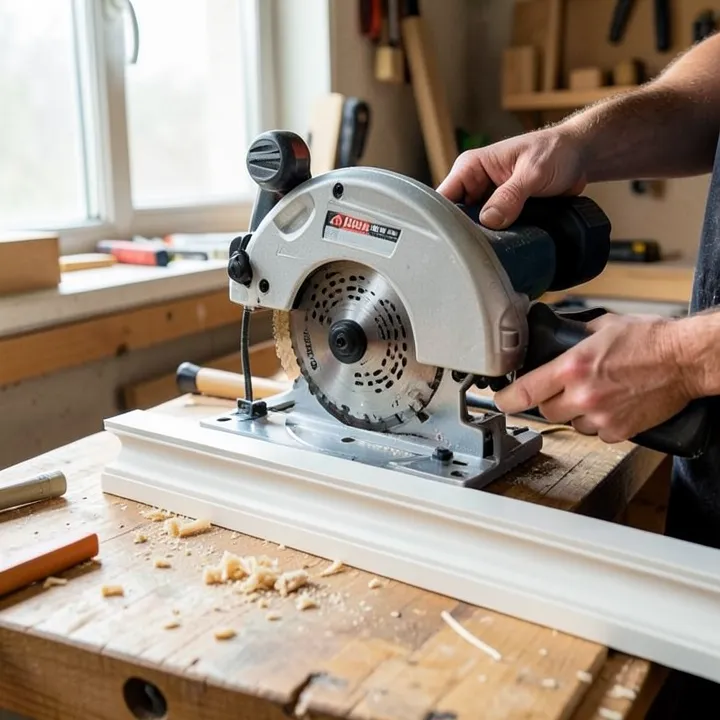 compound miter saw set up to make a mitered cut on crown molding trim