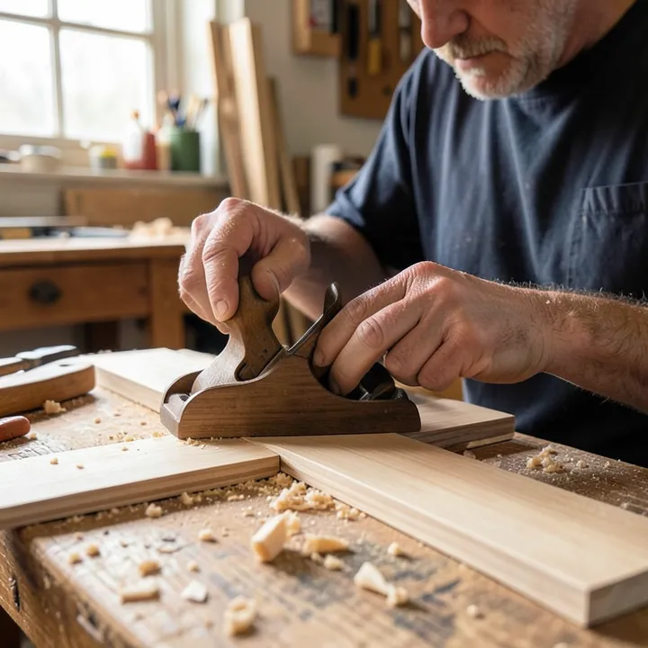 Woodworker guiding a hand plane along a thin wood plank without using a power saw