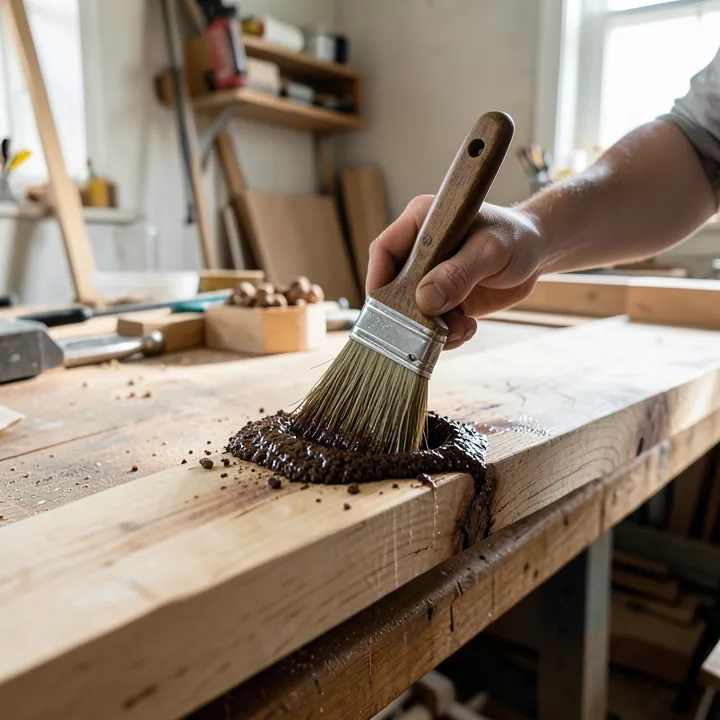 Brushing a concentrated coffee mixture onto raw wood