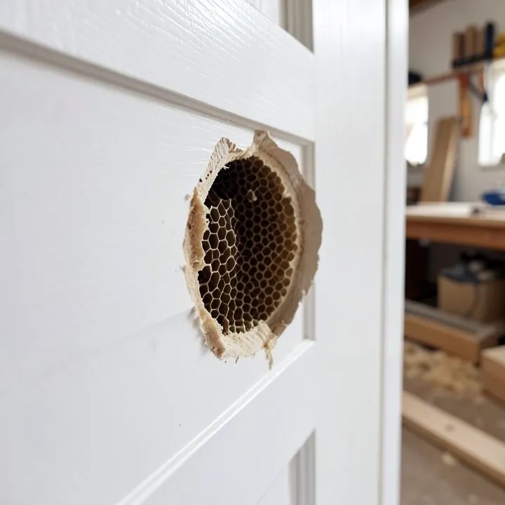 Close-up of a fist-sized hole in a white hollow-core door showing the honeycomb interior