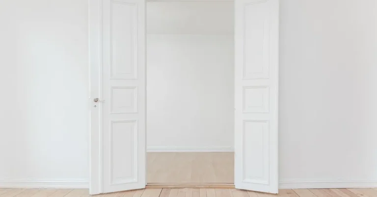White paneled interior doors standing open in an empty room