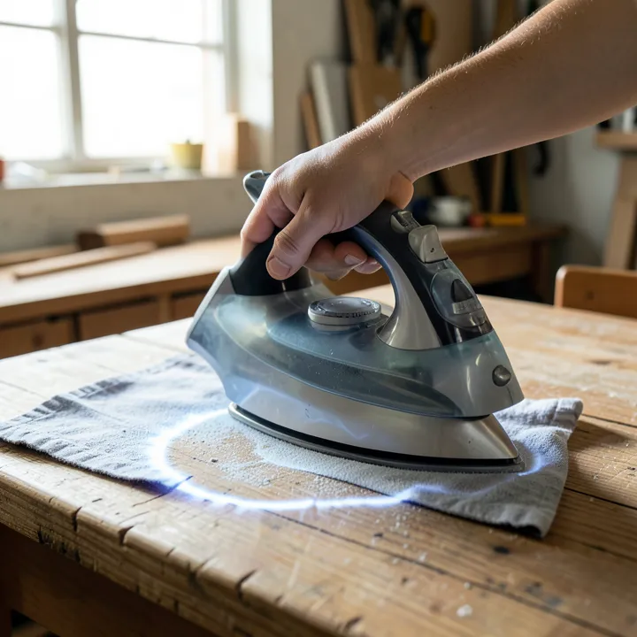 hand holding a clothes iron used to press a cloth over a white heat mark on a wood table