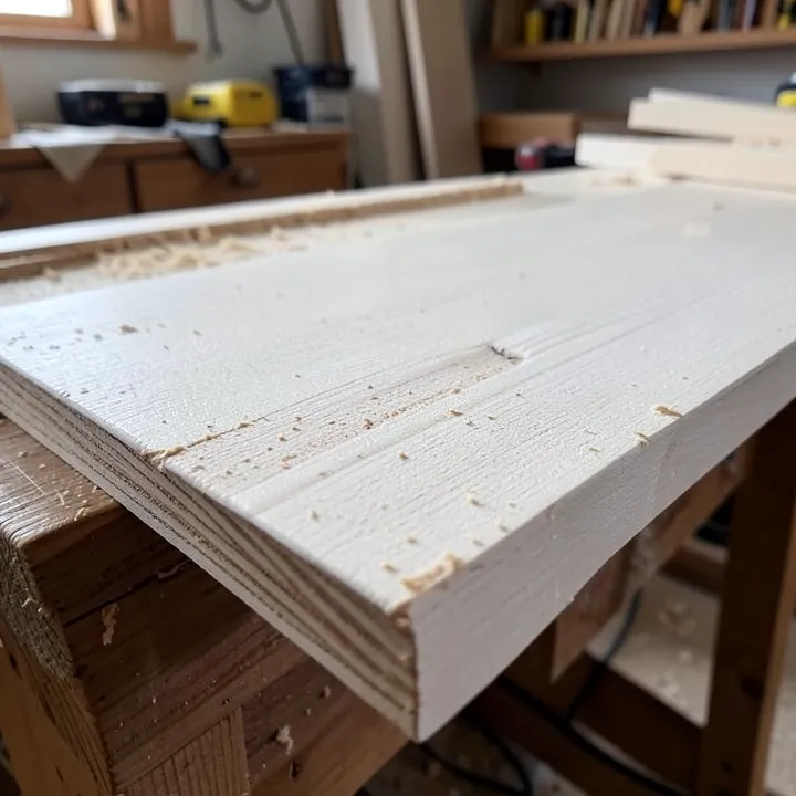 Sanded painted wood surface showing exposed wood fibers ready for gluing