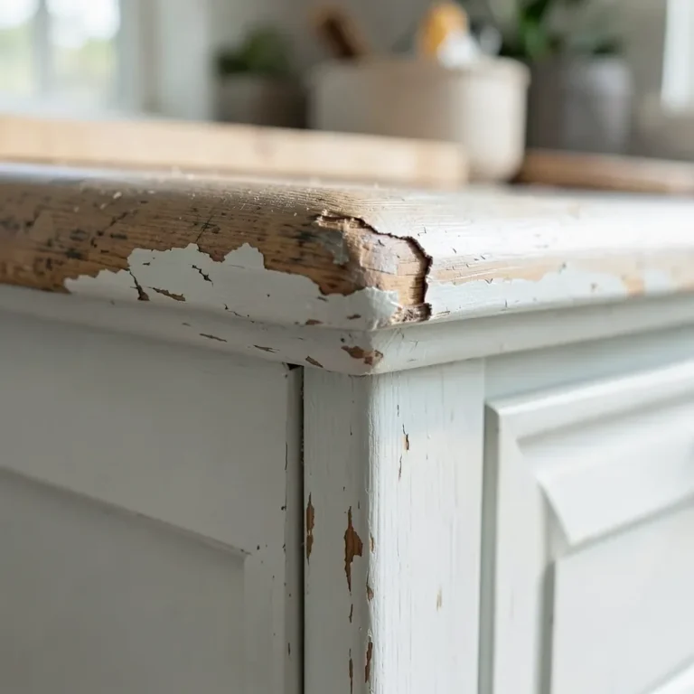 Close-up of peeling paint on a kitchen cabinet edge
