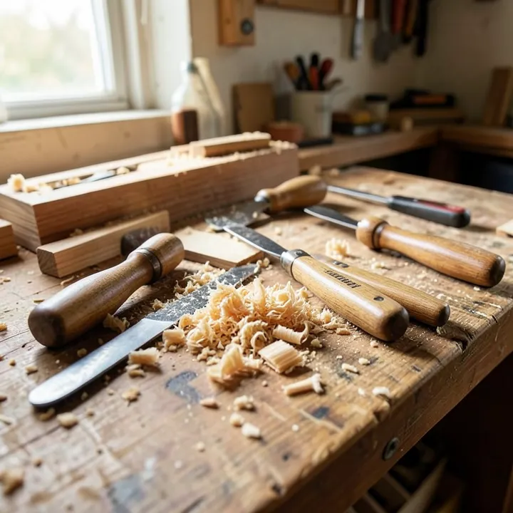Woodworking hand tools and shavings on a workbench used for a DIY wood repair