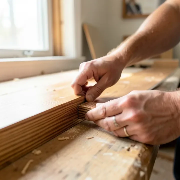 Fitting a tongue-and-groove hardwood flooring plank into place during installation