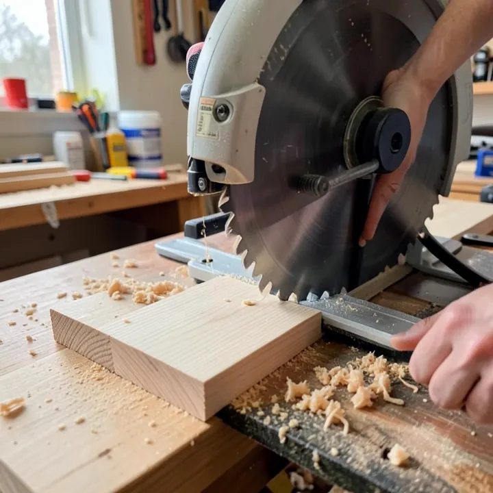 Miter saw blade cutting through a wood board at an angle