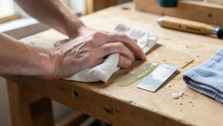 Hand wiping dried glue residue off a wood workbench with a cloth