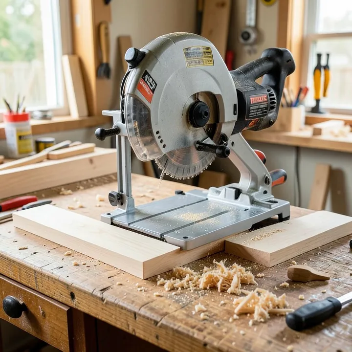 Miter saw set up on a workbench ready to make a crosscut