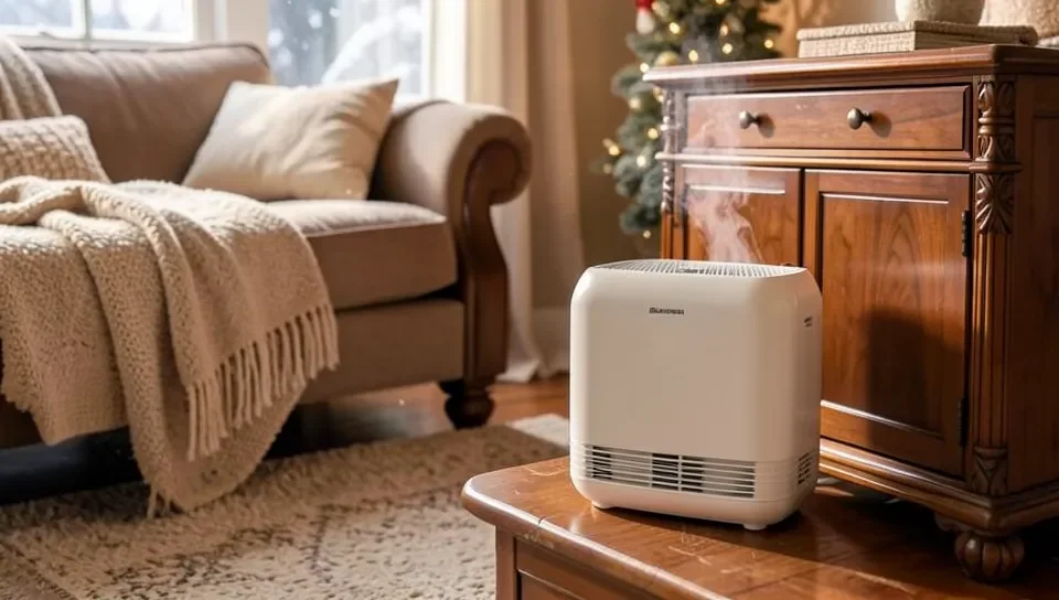 Humidifier near mahogany wood furniture in winter