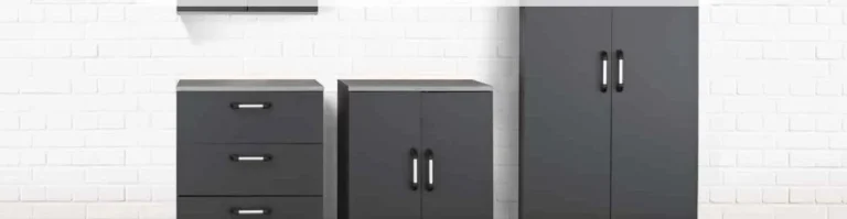 Lineup of gray Husky-style steel garage storage cabinets including a wall cabinet, drawer unit, base cabinet, and tall freestanding cabinet