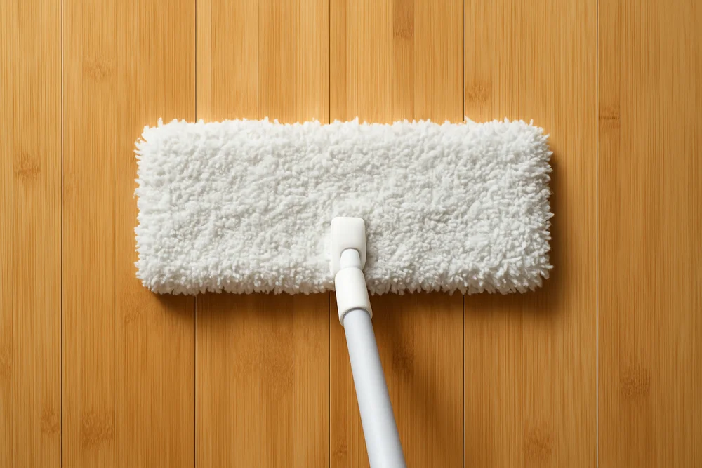 Damp microfiber mop head on a bamboo floor Damp microfiber mop head on a bamboo floor
