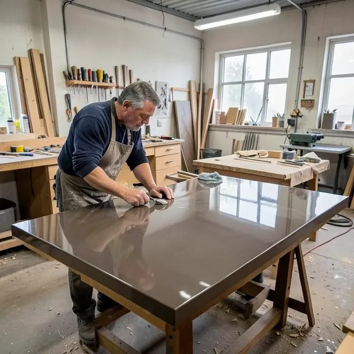 Inspecting a glossy epoxy tabletop finish for imperfections