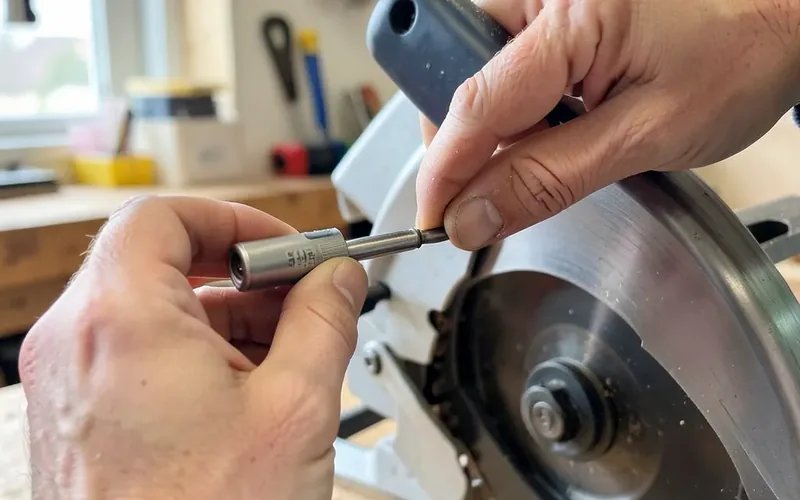 hands attaching a small laser module to a miter saw blade guard with a screwdriver