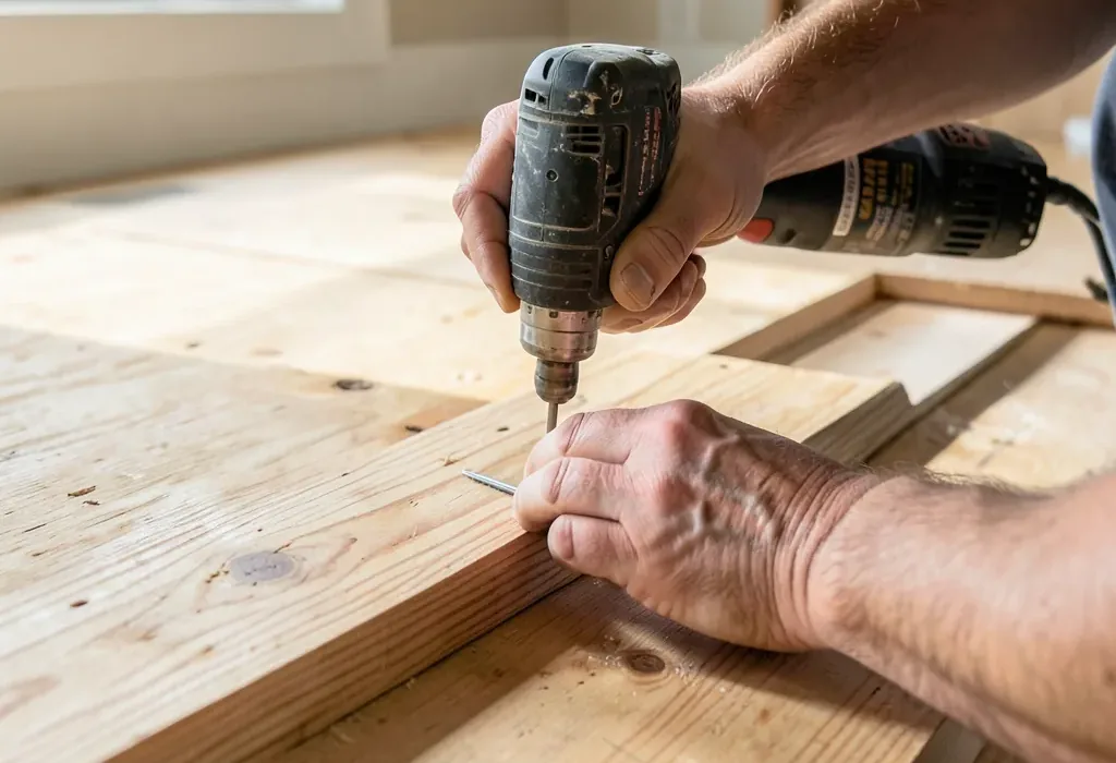 carpenter fastening a tongue-and-groove plywood subfloor panel with a drill carpenter fastening a tongue-and-groove plywood subfloor panel with a drill