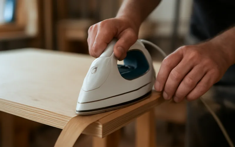 ironing wood veneer edge banding onto the edge of a plywood desktop