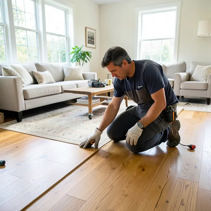 flooring installer fitting solid oak hardwood planks in a living room
