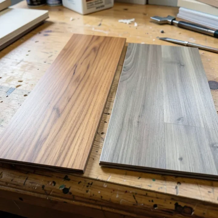 hardwood flooring planks next to luxury vinyl plank flooring samples for cost comparison