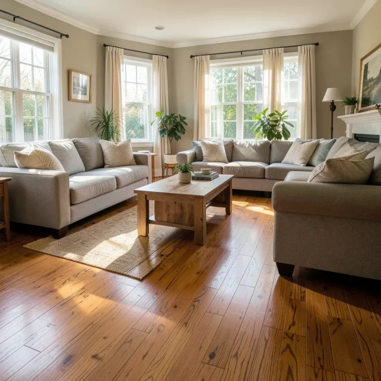 sunlit living room with newly installed solid hardwood flooring