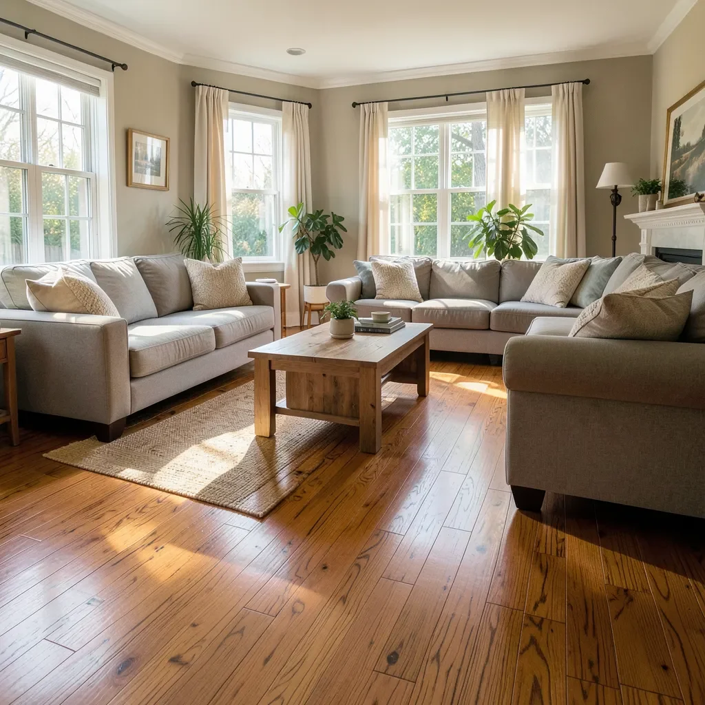 sunlit living room with newly installed solid hardwood flooring