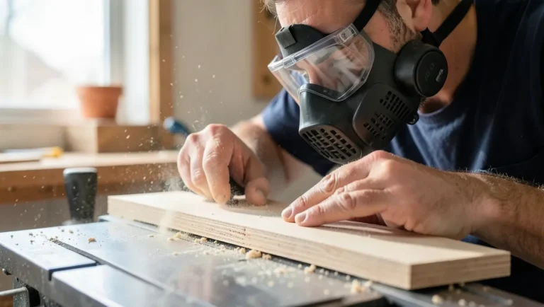 Woodworker putting on a P100 respirator and safety glasses before cutting MDF board on a table saw