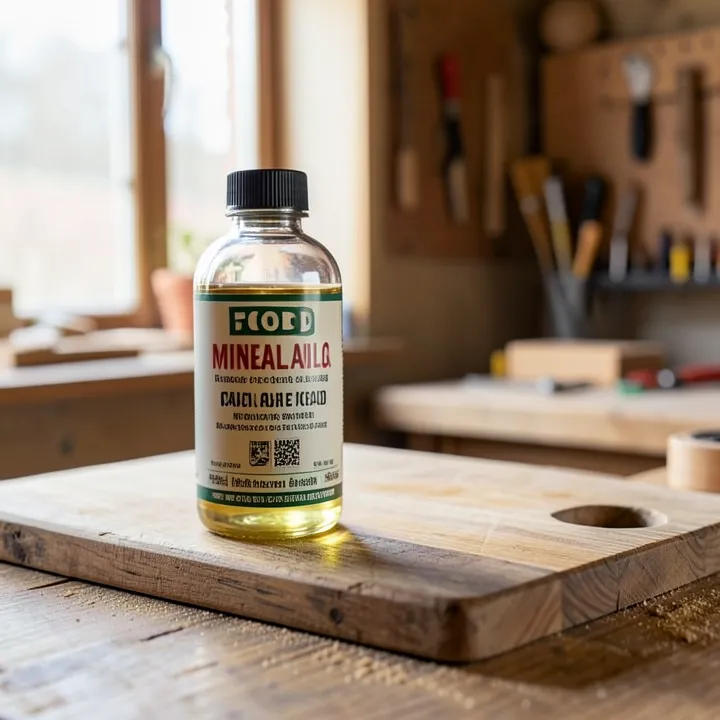 Bottle of food grade mineral oil next to a wood cutting board