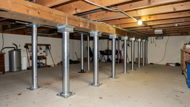 Adjustable steel jack posts supporting basement floor joists