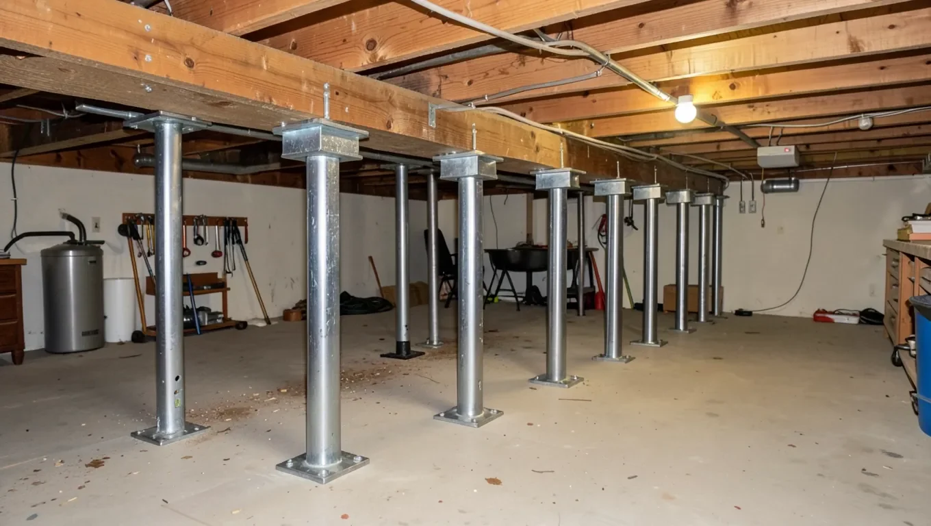 Adjustable steel jack posts supporting basement floor joists
