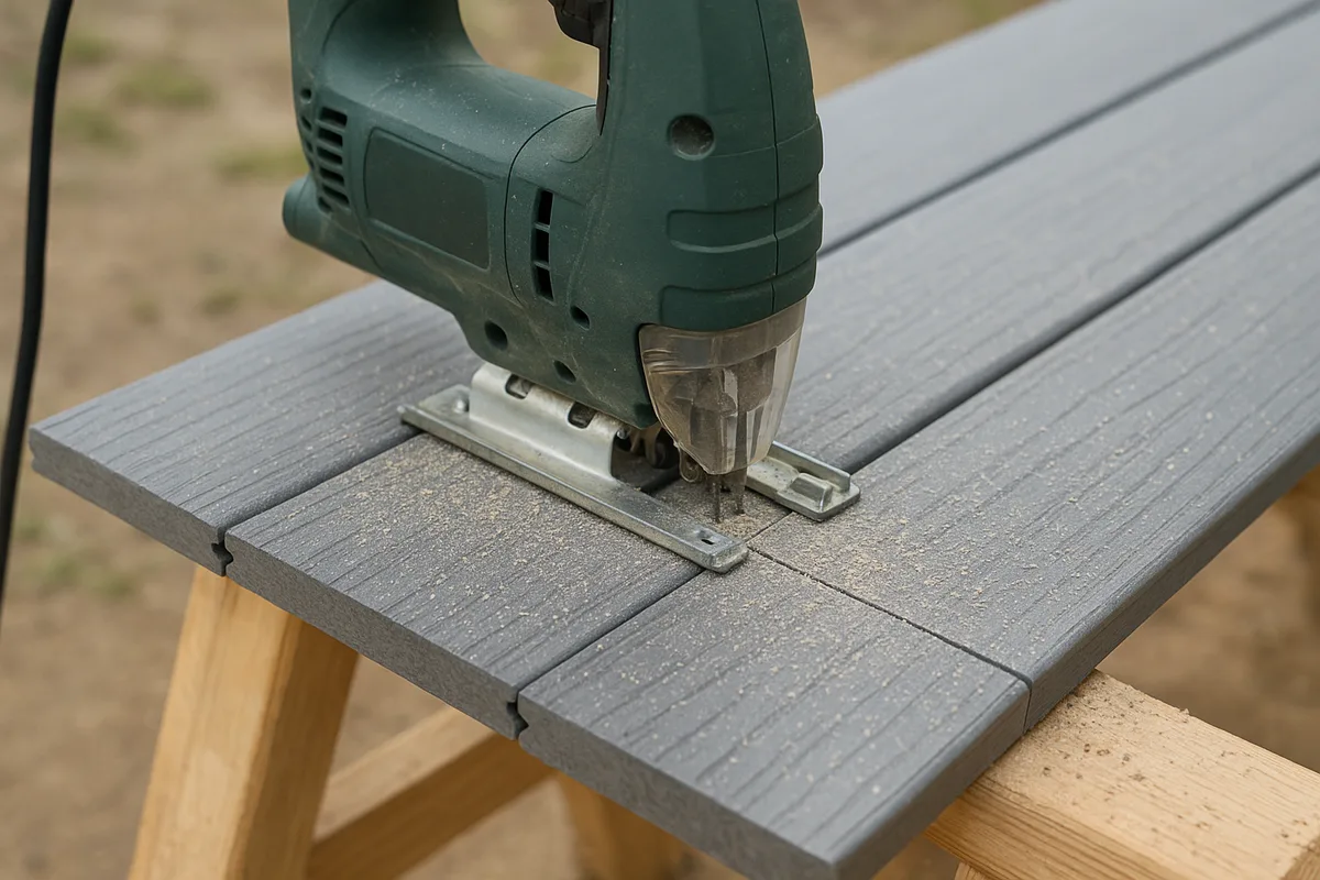 Jigsaw cutting a composite Trex-style decking board supported on sawhorses Jigsaw cutting a composite Trex-style decking board supported on sawhorses