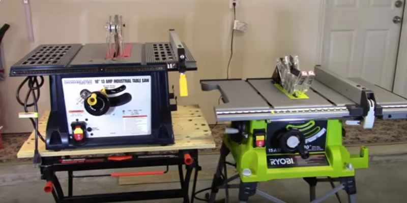 Two portable jobsite table saws side by side for comparison