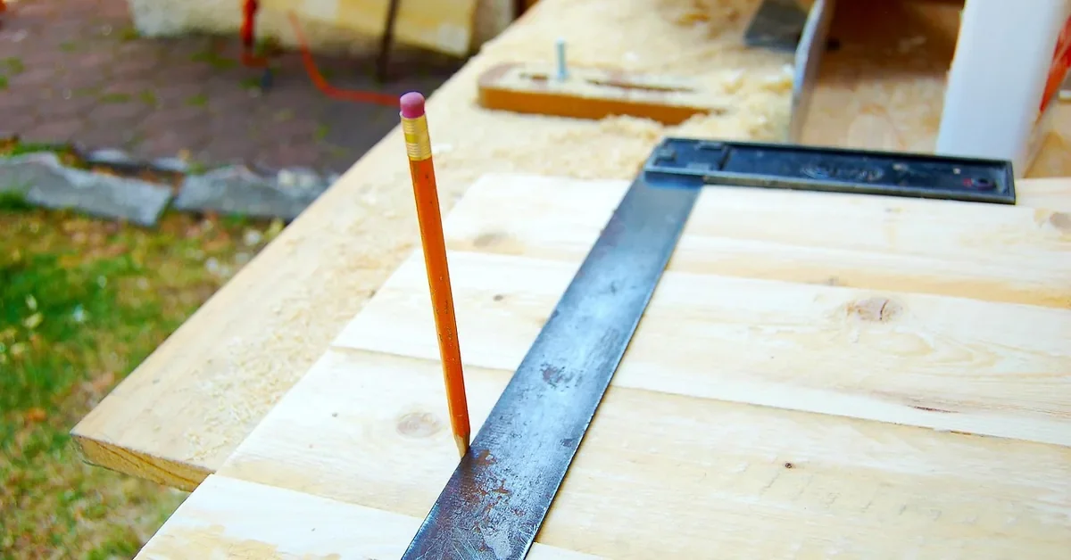 Pine boards laid edge to edge on a workbench with a steel square and pencil