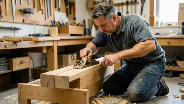 Woodworker kneeling to plane a board on a low trestle