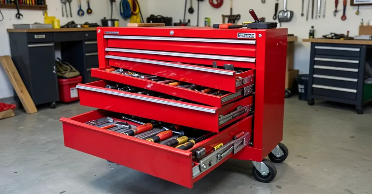 A rolling tool chest with organized drawers in a garage workshop