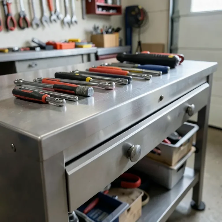 Stainless steel workbench with drawers in a garage workshop