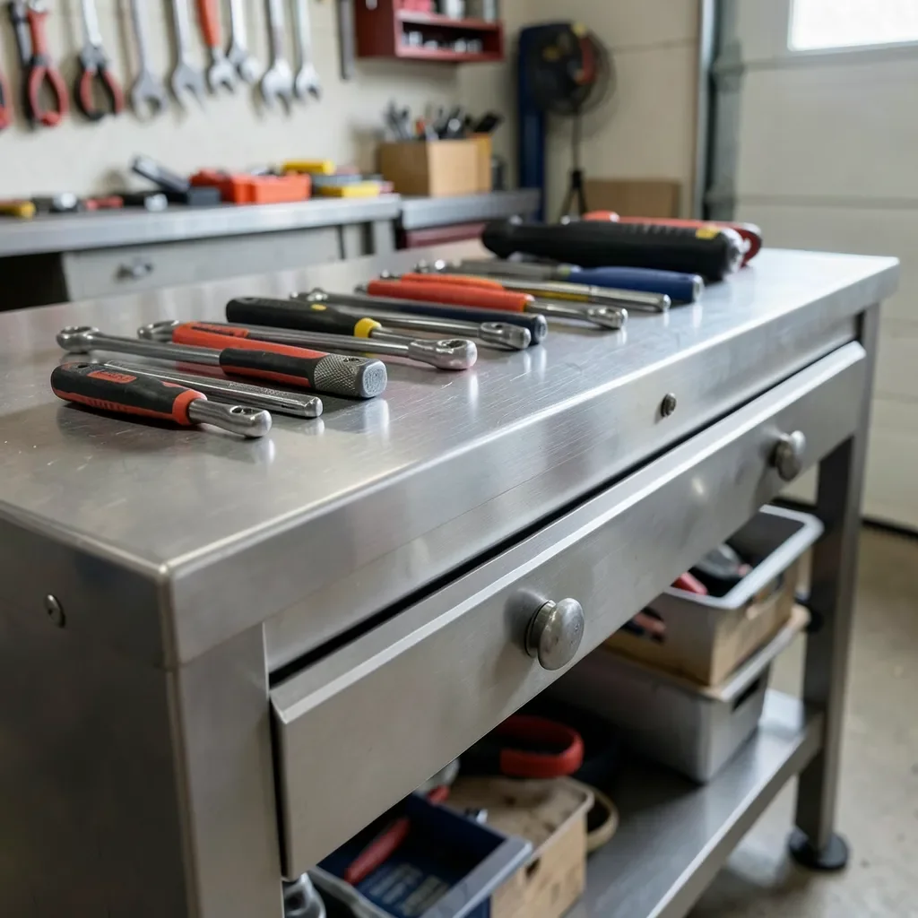 Stainless steel workbench with drawers in a garage workshop