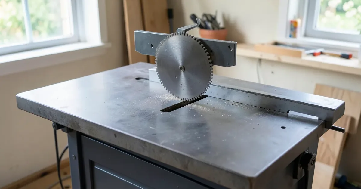 Close-up of a table saw blade raised through the cast-iron table in a home workshop