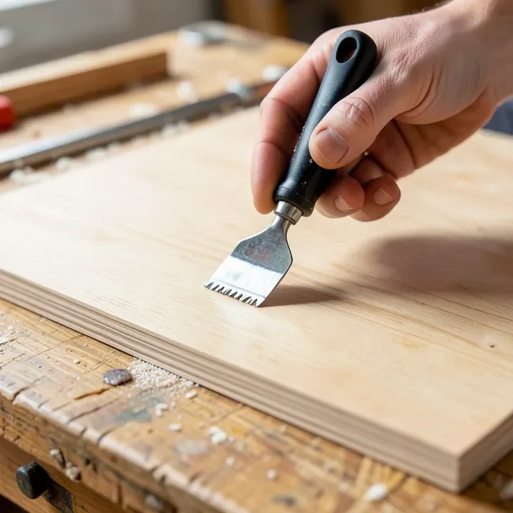 hands applying contact cement with a notched trowel to a laminate sheet