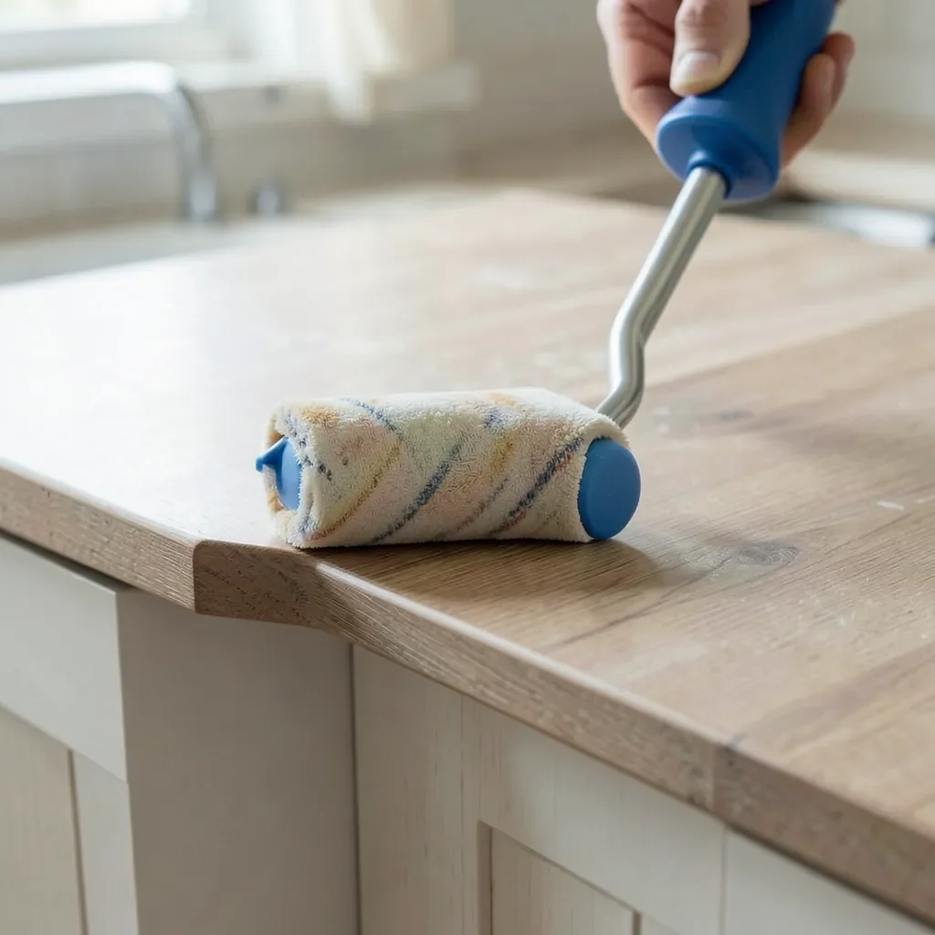 laminate countertop edge being pressed into place with a hand roller