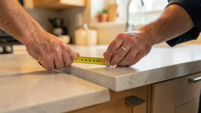 Contractor measuring a kitchen countertop base before laminate countertop installation