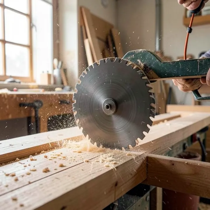 Circular saw blade cutting through wood with sawdust flying past the cutting line
