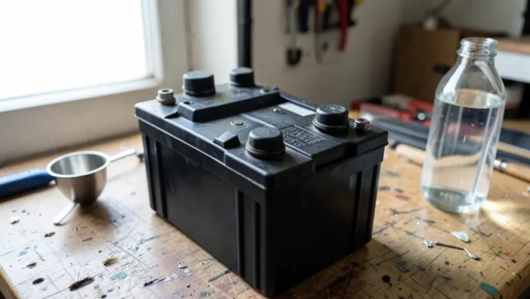 Lead acid battery with cell caps removed, ready for maintenance