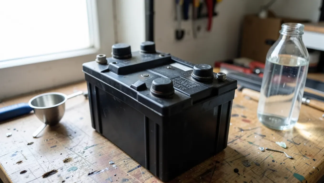 Lead acid battery with cell caps removed, ready for maintenance