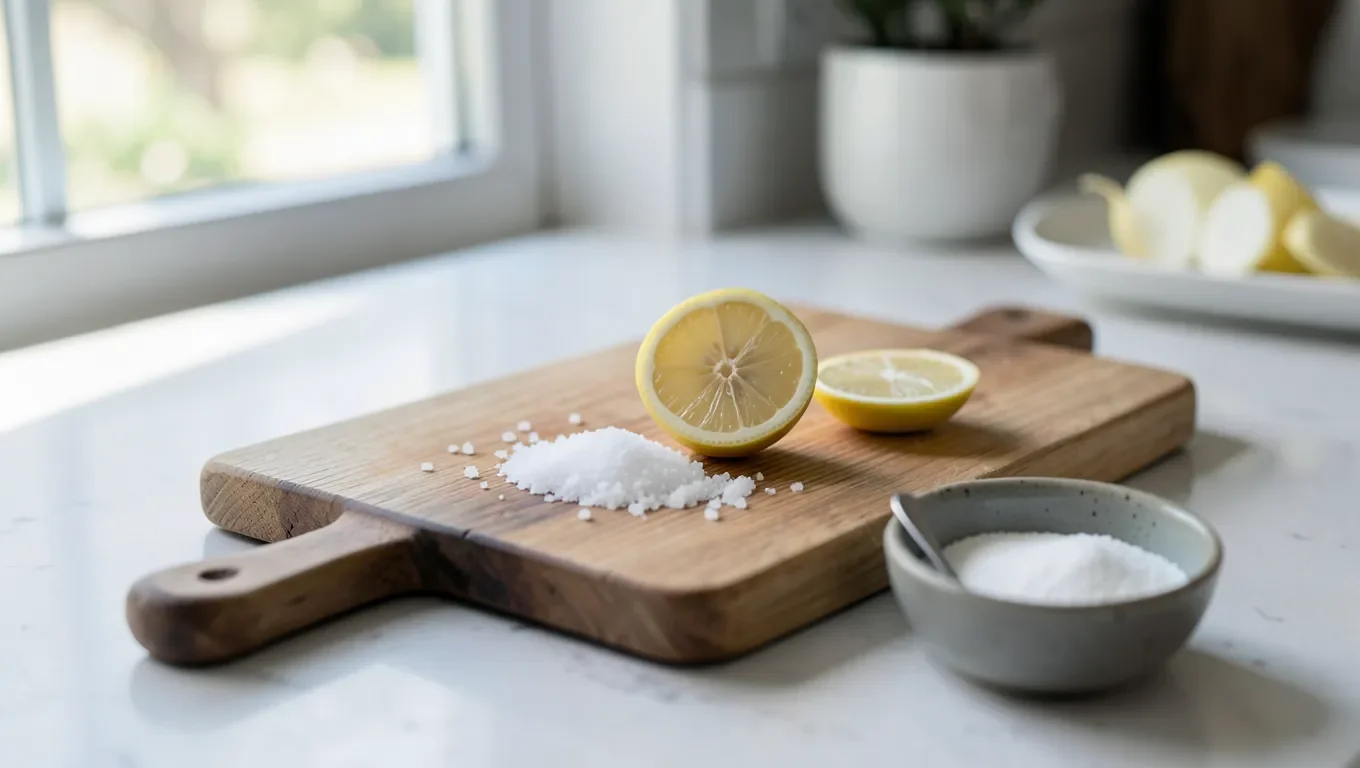 Lemon halves, coarse salt, and baking soda set out next to a wood cutting board for deodorizing
