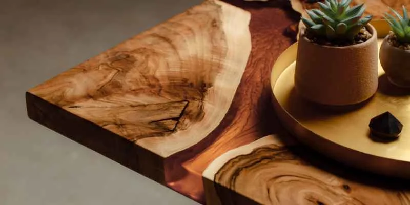 Live-edge epoxy countertop corner with glossy finish