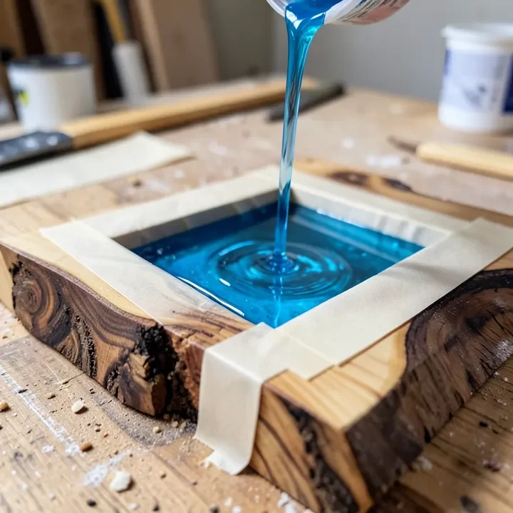 blue-tinted epoxy resin being poured between two live-edge wood slabs in a taped mold