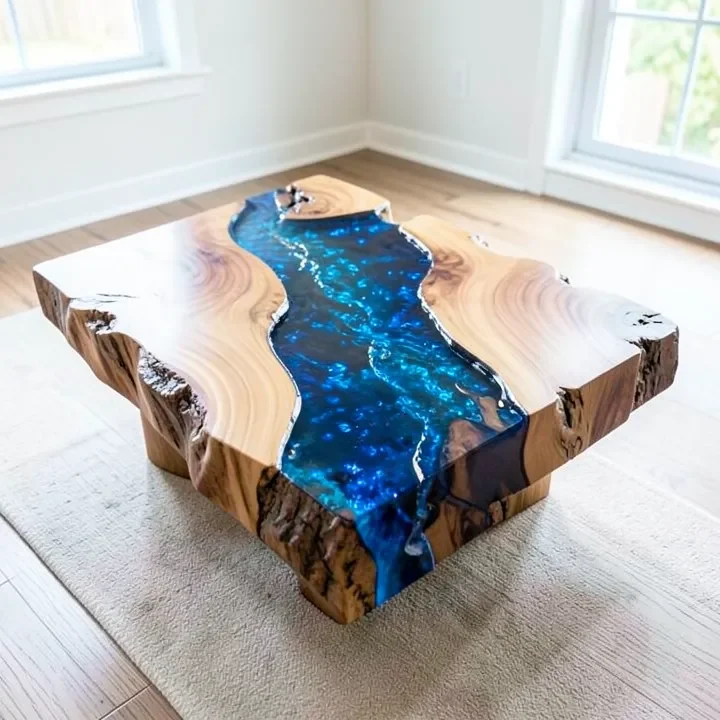 finished live edge river table with a glossy blue epoxy resin river between wood slabs