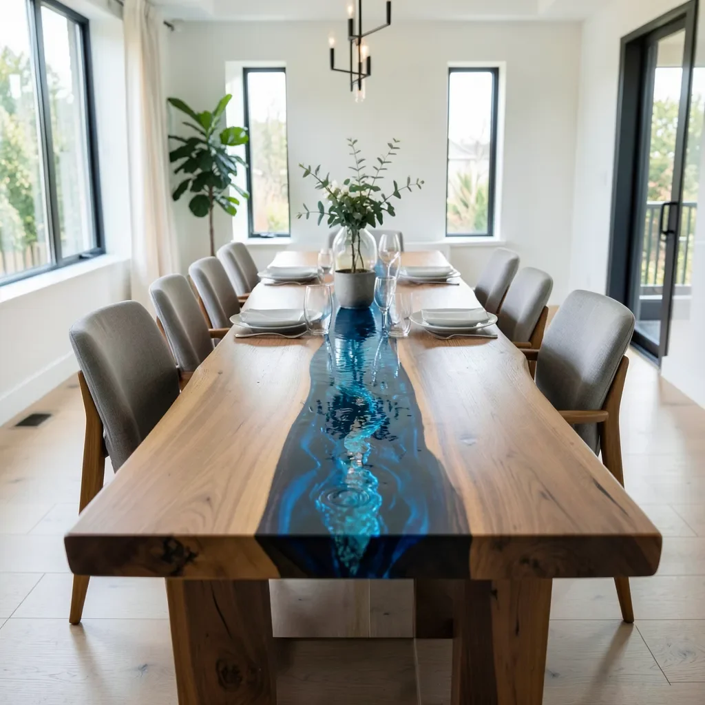 Live edge wood table with a blue epoxy resin river in a modern dining room